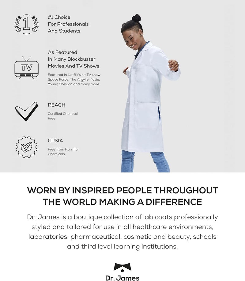DR. JAMES 100% Cotton Premium Lab Coat for Men, Smartphone & Tablet Pockets, Tailored Fit, Button Closing, 38" Length - Image 5